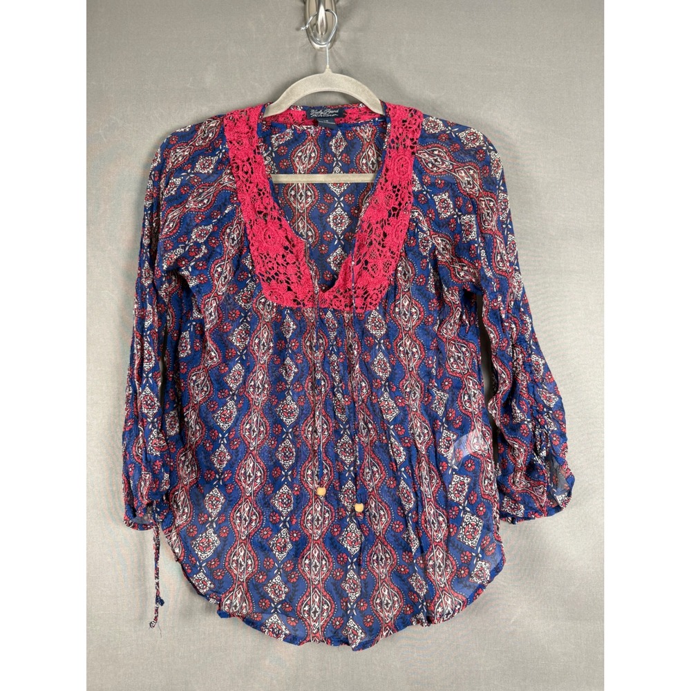 Lucky Brand Peasant Blouse Womens XS Blue Red Paisley Crochet Lace Tassel Tie